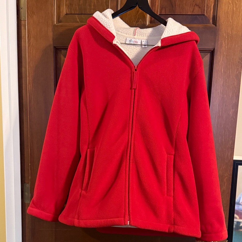 Denim & Co. Zip Front Fleece Jacket with Hood and Sherpa Lining Red XL D&co. EUC
